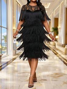 SHEIN Lady Plus Size Women's Contrast Lace Round Neck Tassel Design Elegant 70's Dress Cocktail Party Black Summer - Black - View 3
