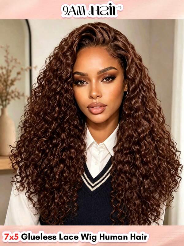 ALL READY WIG Chocolate Brown Deep Wave Glueless Wig Human Hair Pre Plucked Pre Cut Glueless Lace Front Wig Ready To Wear 7x5 Curly Wave 180% Density #4 Closure Wig For Women
