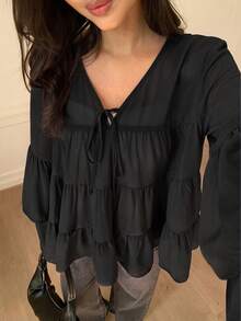 Solavon Women's Solid Color Bell Sleeve Ruffle Blouse - Black - View 2