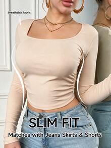 SHEIN Solid Color Comfortable Square Neck Base Layer Top - Apricot - View 4