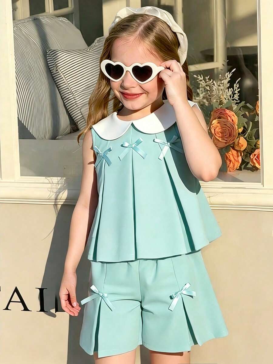 SHEIN Elladie kids 女童紫色褶皱可爱蝴蝶结装饰背心搭配时尚阔腿裤套装,适合日常休闲穿着和通勤,简约风格 - 薄荷綠 - 查看 1