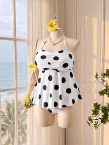 Bellisia Set Pakaian Renang Dua Potong Ukuran Plus dengan Model Tankini Halter Berkerut dan Bawahan Tankini Segitiga - Berwarna merah muda - View 4