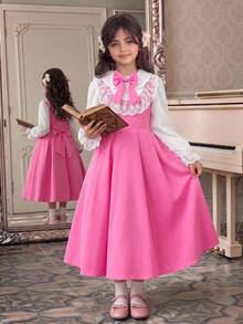 Tween Girl Back To School Outfit Pink & White Patchwork Long Sleeve 3D Bow Decor Lapel Open Front Dr - Pink - View 4