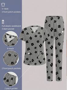 TaskEZ Scrub Set With Cute Striped Floral Print V-Neck Design, Workwear Suitable For Office Commute And Pet Hospital - Multicolor - View 1