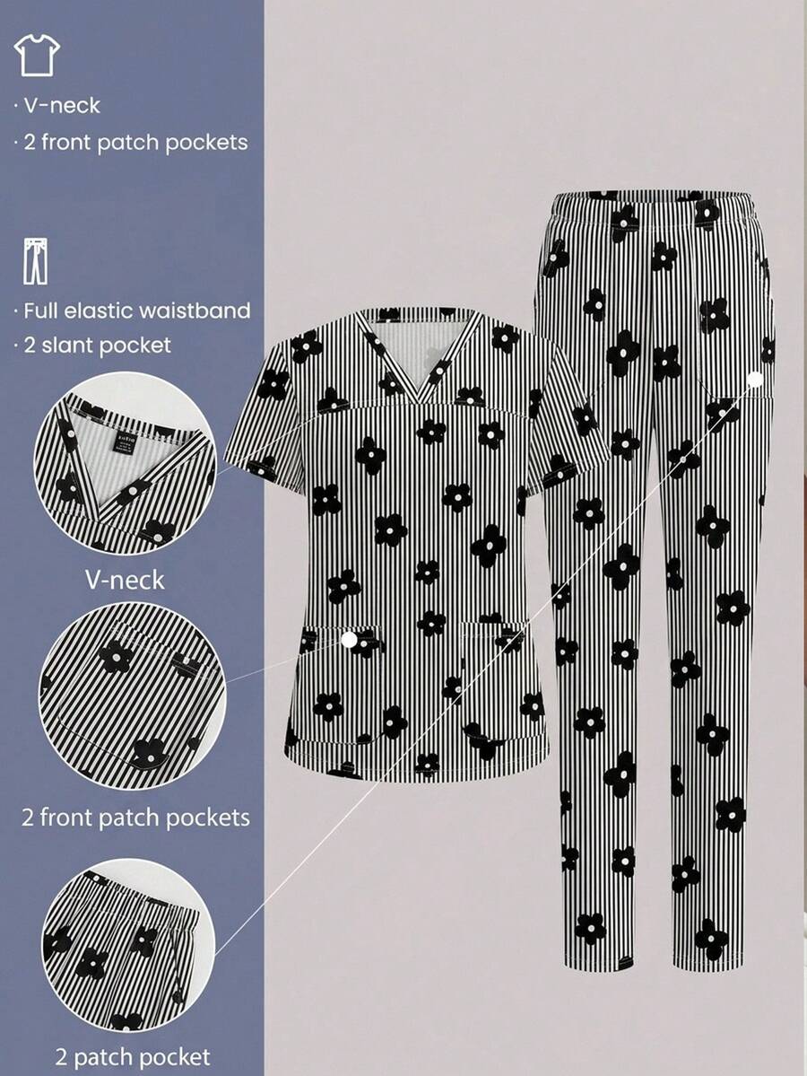 TaskEZ Scrub Set With Cute Striped Floral Print V-Neck Design, Workwear Suitable For Office Commute And Pet Hospital - Multicolor - View 1