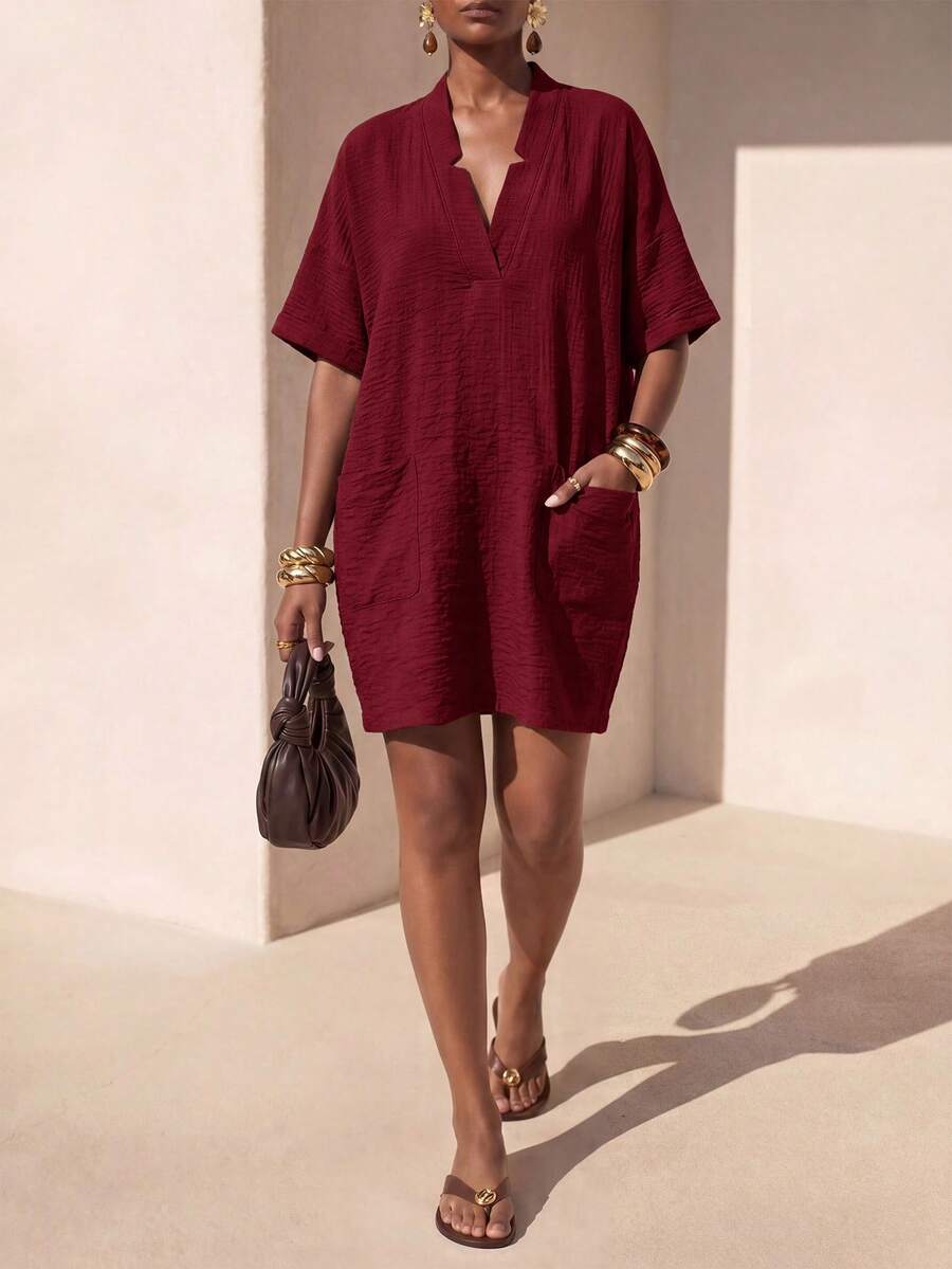 Zivah Women's Solid Color V-Neck Short Sleeve Pocket Design Loose Mini Dress - Burgundy - View 1