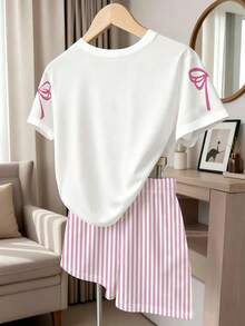SHEIN 夏秋女童休閒可愛貓咪條紋圖案日常風格舒適休閒短袖T恤套裝，適合女童舒適夏秋風格，簡約可愛舒適日常風格穿搭套裝 - 彩色 - 查看 3
