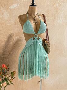 Soleia Women's Solid Color Tassel Design Sexy Boho Knit Halter Neck Dress Beach Vacation Sage Green Autumn - Mint Green - View 3