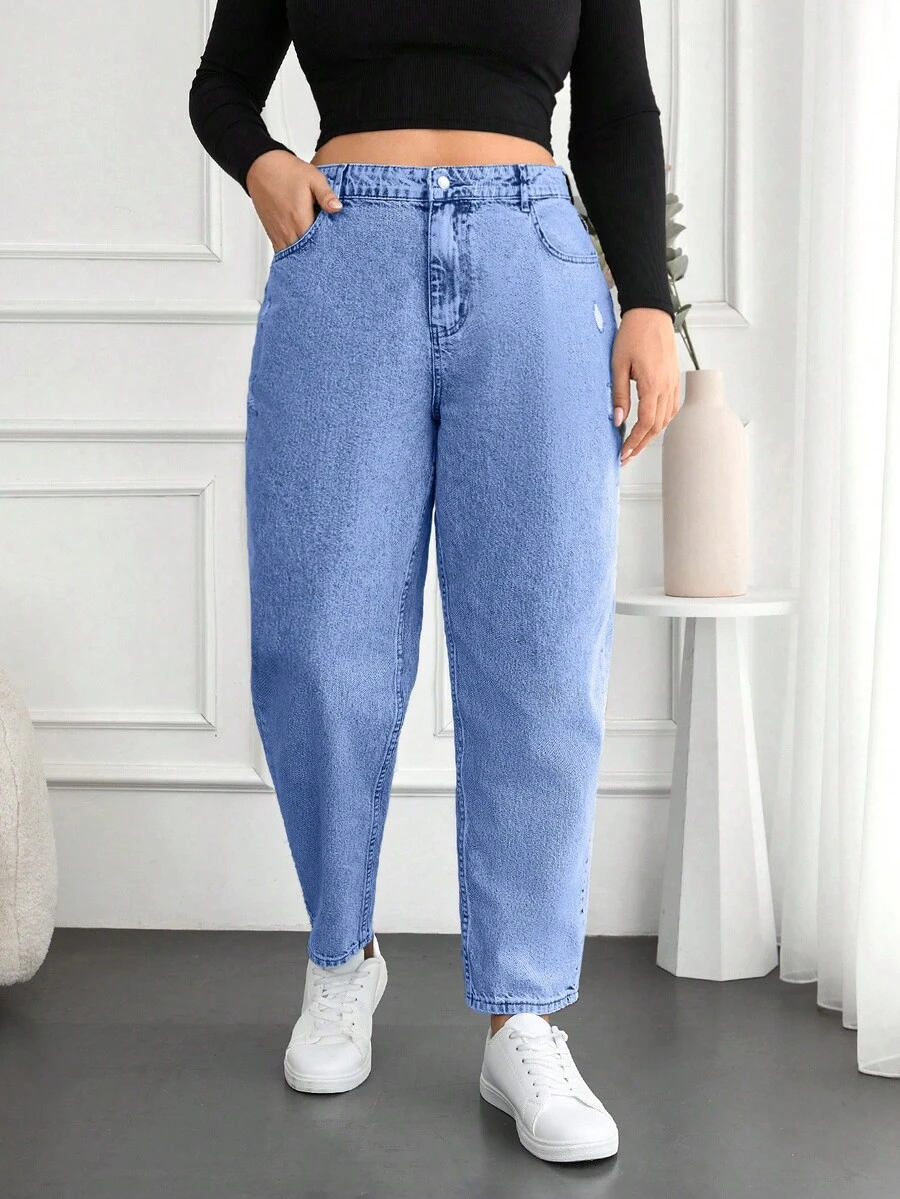 EURMUSE Plus Size Women's Denim Pants With Pockets - Light Wash - View 1