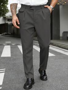 Manfinity Mode Men's Plus Size Solid Color Straight Leg Business Travel Dress Pants With Pockets - Dark Grey - View 4
