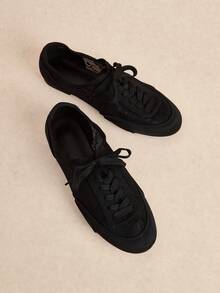 Rosivie Solid Color Lace-Up Casual Comfortable Versatile Flat Shoes, Suitable For Walking, Travel And Vacation - Black Lycra - View 1