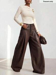 Zivah Women's Fashion Hot Girl PU Material Button Pleated Long Pants - Brown - View 7