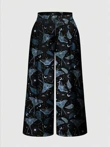 ROMWE Goth 暗黑龐克辣妹蛾子日月星神秘哥德宮廷嬉皮風女款大尺碼長褲 - 黑色 - 查看 1
