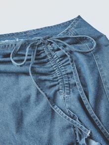 Sweetra Rok Denim Kasual Modis dengan Ikat Pita dan Hem Bergelombang - Medium Wash - View 4