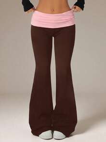 SHEIN Teen Girl Colorblock Folded Waist Flare Pants - Brown - View 1
