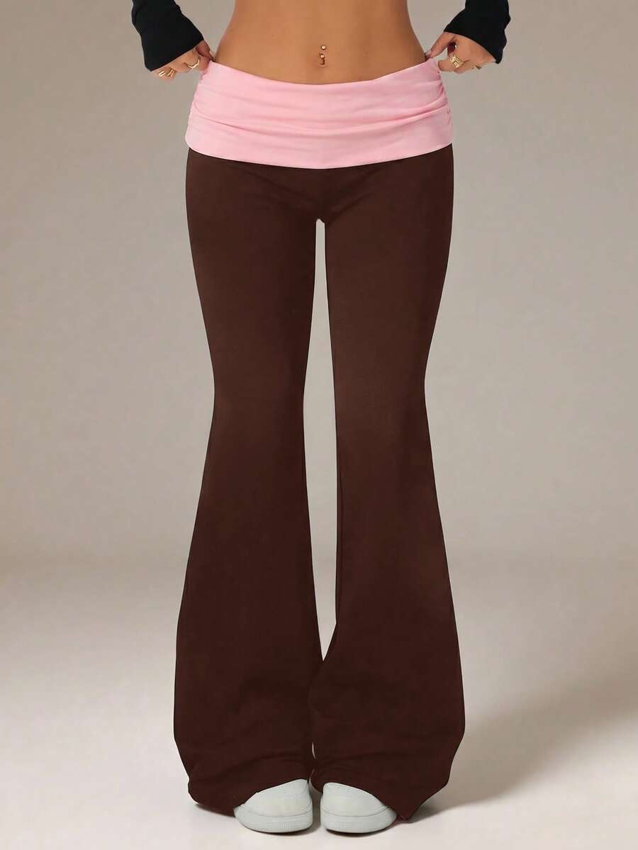 SHEIN Teen Girl Colorblock Folded Waist Flare Pants - Brown - View 1