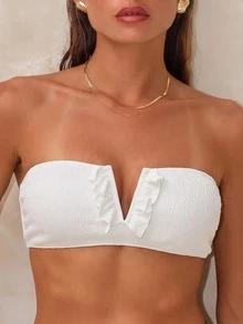SHEIN Swim Women's Solid Color Bikini Top With Ruffled Hem, V-Wire Underwire, Summer Beach - White - View 1