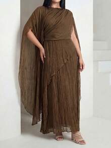 Veilorie Plus Size Elegant Solid Color Party Dress - Coffee Brown - View 3