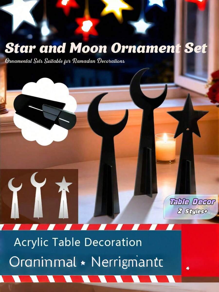 Set 3 Buah Dekorasi Meja Ramadan Desain Bintang dan Bulan Dekorasi Rumah Timur Tengah Hiasan Tengah Meja untuk Pesta Idul Fitri, Buka Puasa, Resepsi, Perayaan, Hadiah - warna-warni - View 1