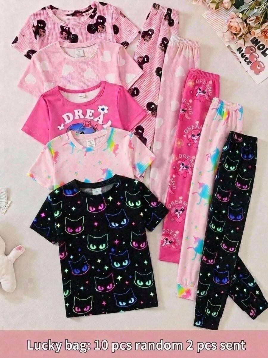 SHEIN Tween Girl Casual Daily Versatile Comfortable Cartoon Pattern Fitted Loungewear - Pink - View 1