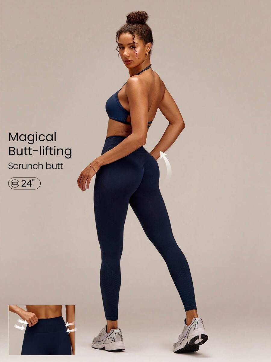 GLOWMODE Seamless Tummy Control Butt Scrunch Plaid Ventilated Leggings Medium Impact Workout Jogging Gym Training - Dusty Blue - View 1
