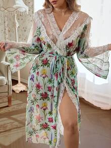 CottageSlumber Mature Style Fresh Floral Mesh Contrast Lace Sexy Plus Size Women Long Nightgown - Multicolor - View 3
