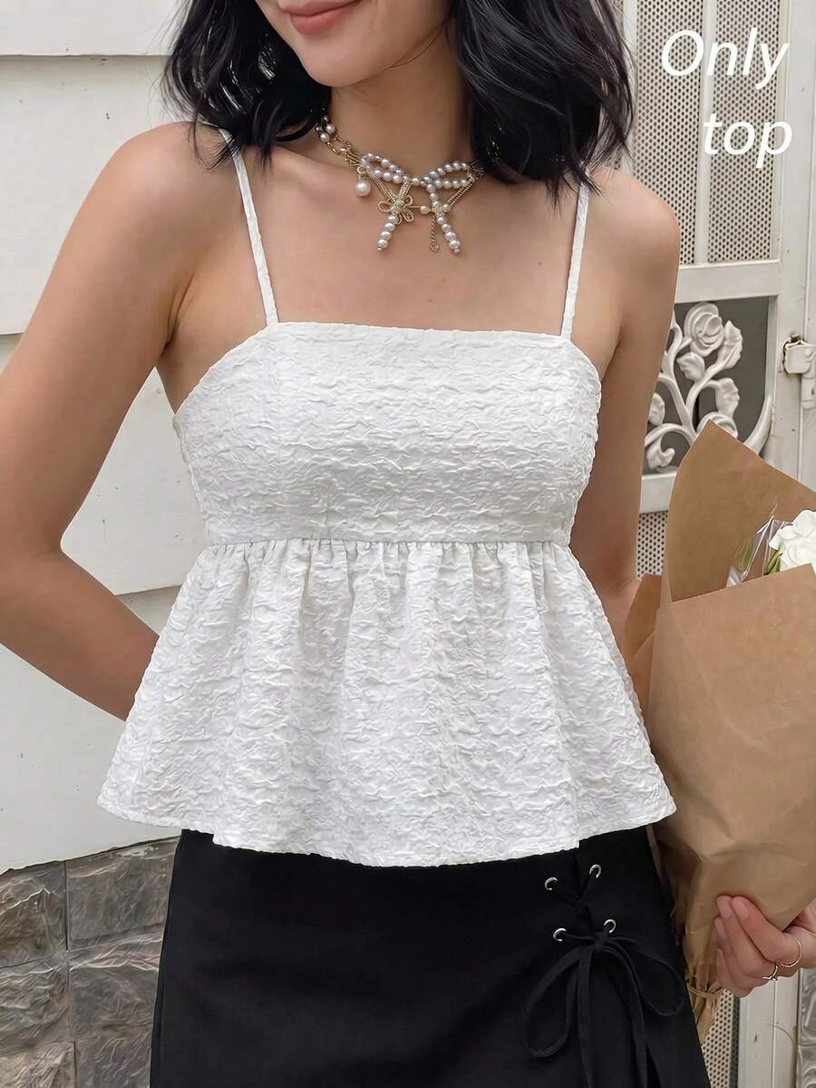 SHEIN MOD 女士純色提花織帶束腰背心，夏季款式 - 白色 - 查看 1