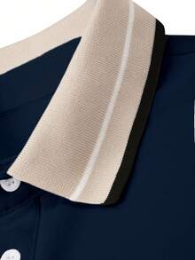 Calvornis Men's Plus Size Embroidered Ribbed Collar Mature Casual Short Sleeve Polo Shirt, Formal, Old Money - Navy Blue - View 4