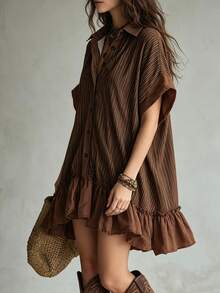 Glimmora Women's Fashion Printed Striped Patchwork Short Sleeve Single-Breasted Loose Fit Dress - Brown - View 3