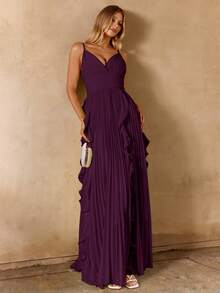 Enchnt Vestido Romántico de Vacaciones con Dobladillo de Volantes Largos, Plisado y Espalda Descubierta - Morado - Ver 4