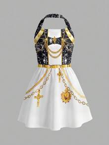SHEIN 女童休閒時尚波點掛脖 A 字洋裝 - 白色 - 查看 5
