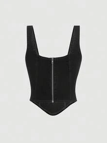 SHEIN MOD 女款方領不對稱下擺時尚無袖牛仔上衣 - 黑色 - 查看 2