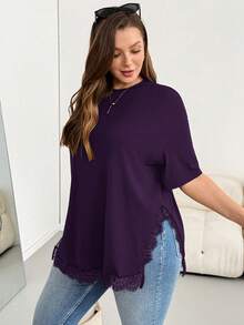 Shapeblank Plus Size Women's Solid Color Round Neck Dropped Shoulder Sleeve Contrast Lace Side Slit Hem Casual T-Shirt - Purple - View 8