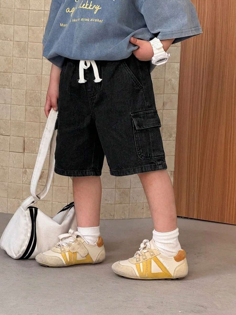 SHEIN Kids Young Boy Fashion Drawstring Waist Cargo Denim Shorts - Black - View 1
