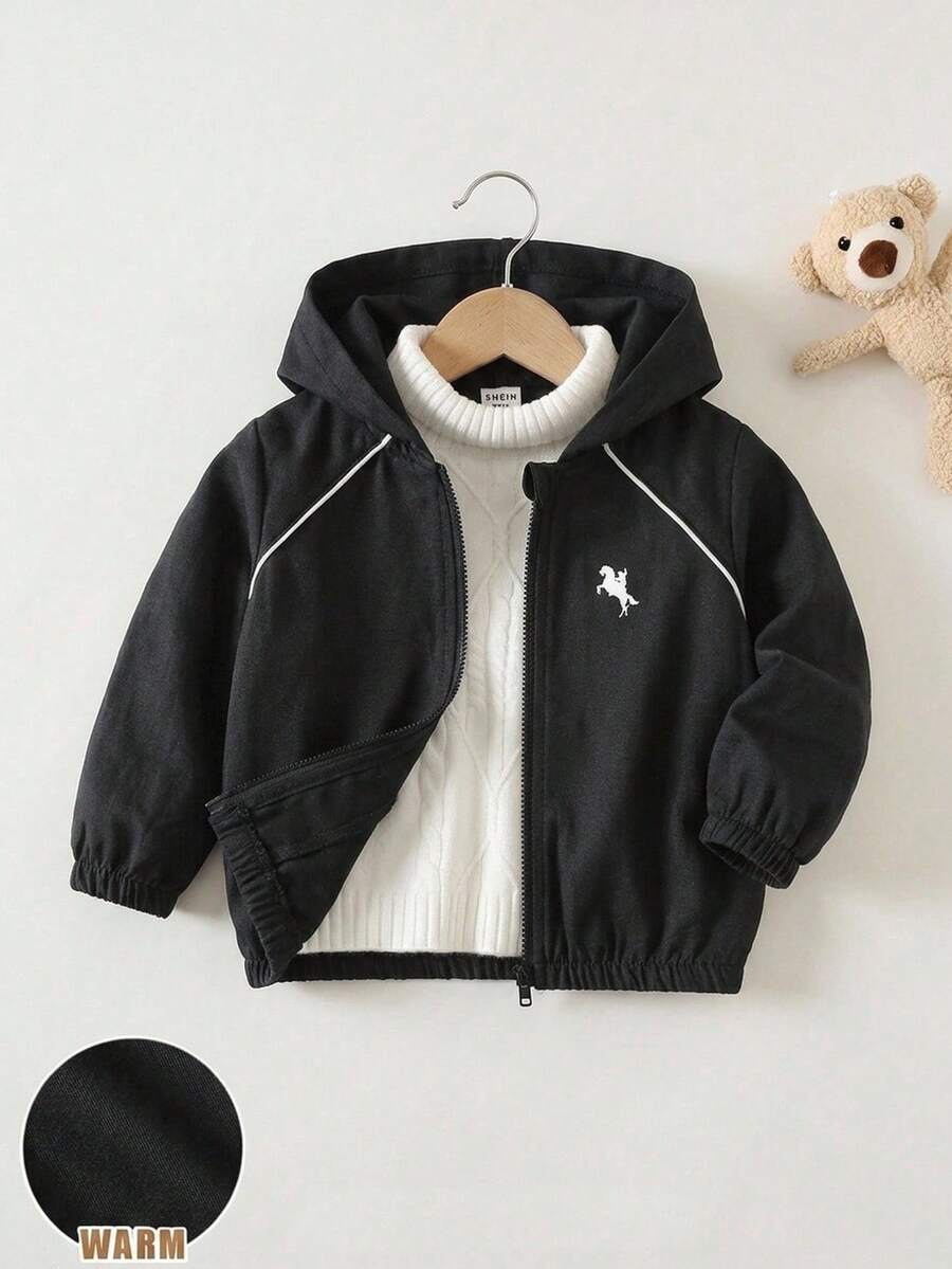 SHEIN 男嬰馬匹圖案連帽長袖鈕扣夾克，百搭舒適 - 黑色 - 查看 1