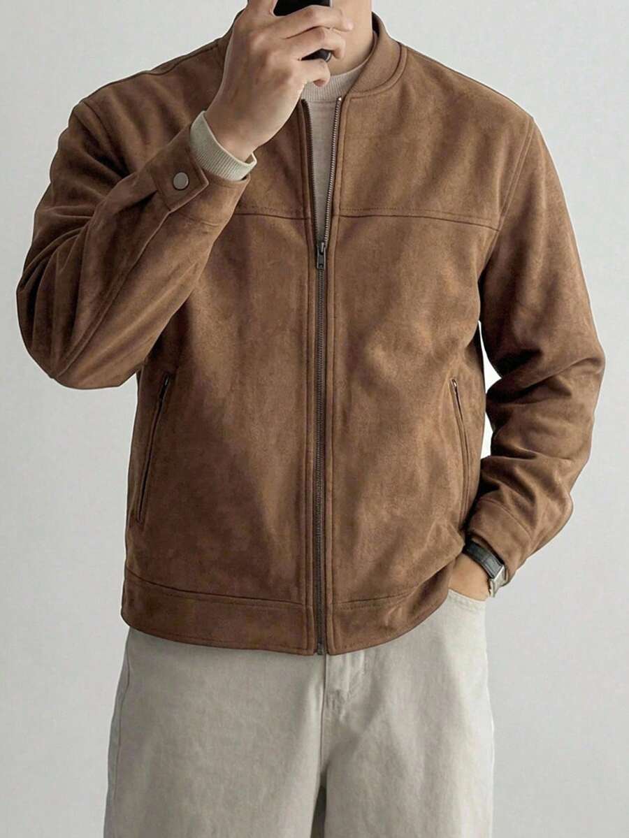 DAZY 秋季純色棕色麂皮棒球領男士夾克外套 - 棕色 - 查看 1