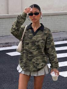 Muchica 休閒街頭風女款黑色對比色 Polo 領長袖綠色迷彩滿版印花寬鬆衛衣，適合秋冬 - 彩色 - 查看 6