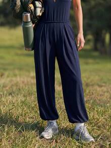 WanderVale Women's Solid Color Backless Spaghetti Strap Sports Jumpsuit - Navy Blue - View 5