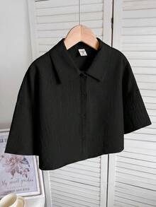 SHEIN 青少年女孩舒適紋理素色梭織休閒短版襯衫 黑色 - 黑色 - 查看 4
