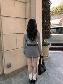 SHEIN MOD Women's Fashion Casual Solid Color Oblique Shoulder Button Gray Sweater In Fall/Winter - Grey - View 3