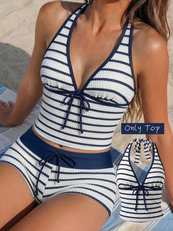 Vaclyn Women's Spring/Summer Jacquard Fabric Spaghetti Strap Bow Bikini Top