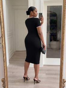SHEIN Lady CURVE Plus Size Women's Bow Decor Round Neck Short Sleeve Fitted Elegant Casual Dress Formal Brunch Black Summer - Pink - View 2