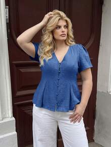Dripcurv Women's Plus-Size Elegant Casual Sky Blue Summer Shirt With A Fitted Waist, Going Out Office Formal Brunch Dinner Top Teachers' Day - Blue - View 5