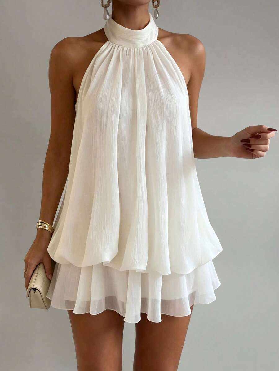Avenya Halter Neck Tie Back Open Back Sexy Ruffle Mini Dress, Party Dress, Wedding Guest Outfit, Night Out, Birthday Party - Apricot - View 1