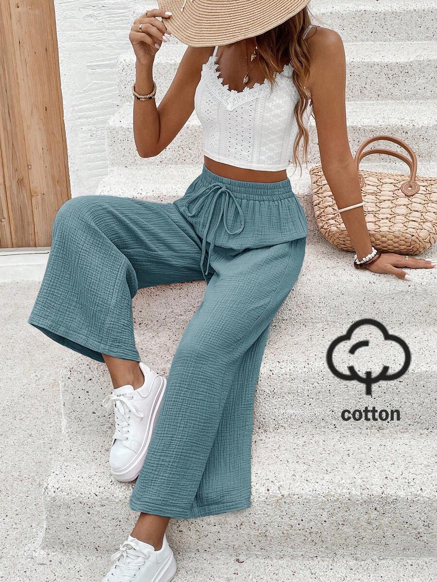 SHEIN Frenchy 女款純色休閒度假長褲 - 霧霾藍 - 查看 1