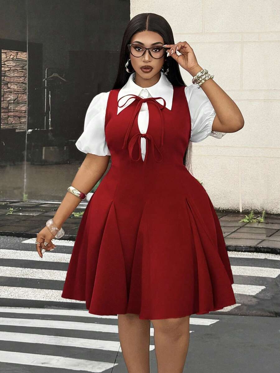 Mawevolt Plus Size Women's Solid Color Petal Sleeve Single-Breasted Top And Tie-Front Design Dress Fashion Set - Burgundy - View 1