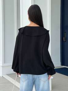 Yohana Edit Elegant Linen Blend Ruffle Hem Sheer Blouse Black - Black - View 2