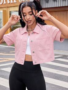 SHEIN ICON 休閒寬鬆短袖女款牛仔短版襯衫，適合夏季牛仔外套外穿上衣，秋季穿搭 - 粉色 - 查看 4