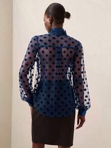Briarwyn Women's Polka Dot Mesh Tie Neck Long Sleeve Loose Sheer Blouse - Navy Blue - View 2