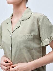 Softvol 纯色荷叶边领短袖短裤家居服套装（女士） - 薄荷綠 - 查看 4